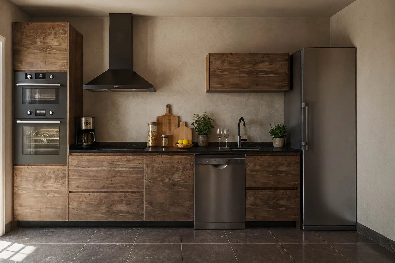 Render 3D de cocina moderna de estilo rustico