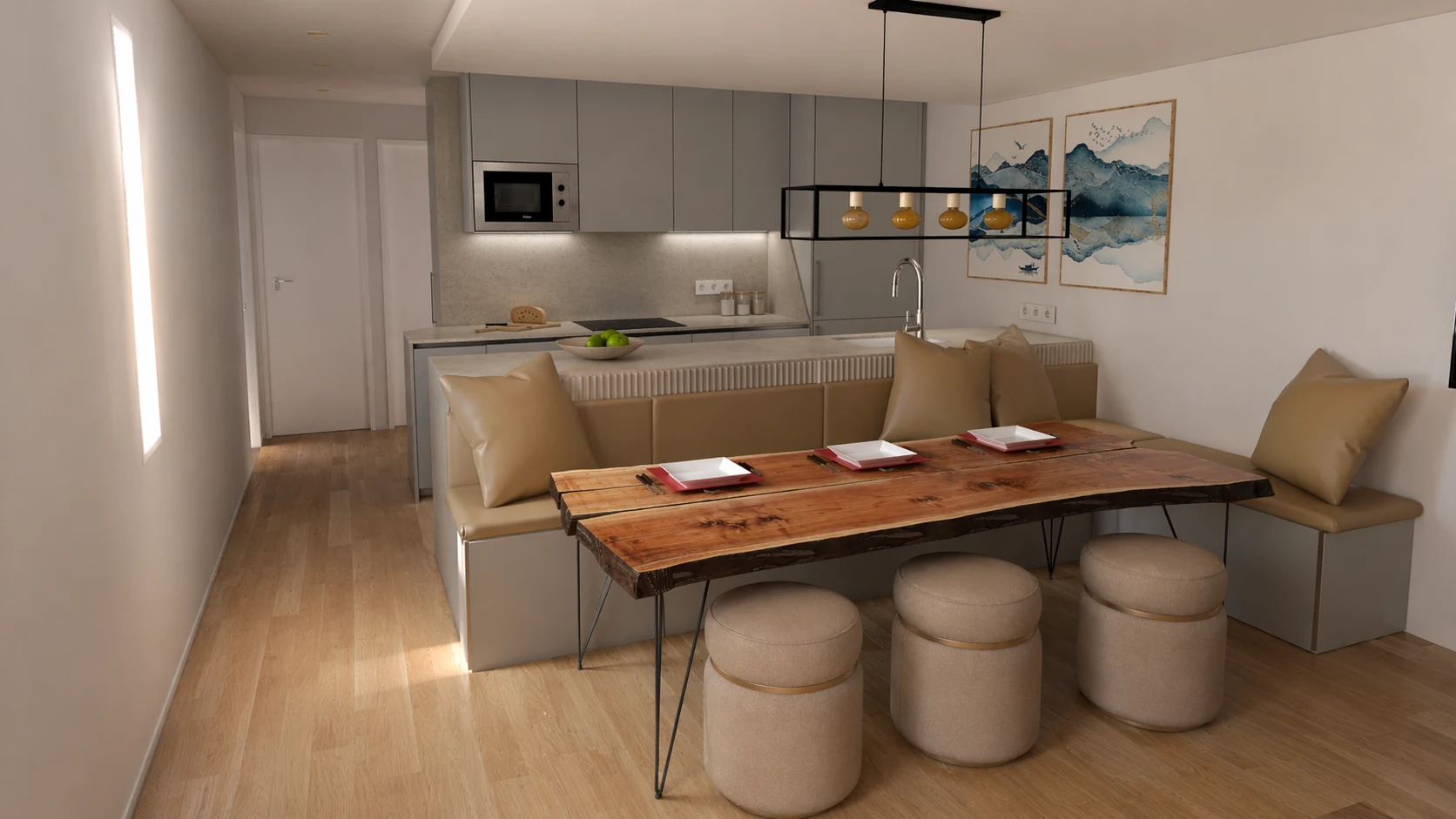 Render previo del diseño de una cocina abierta con península